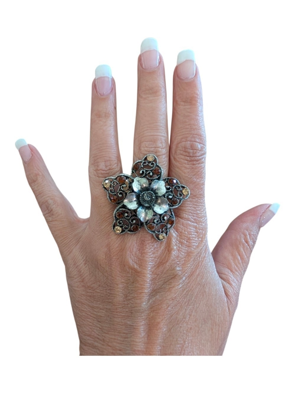 Silver-Tone Floral Statement Ring - Antique Finish